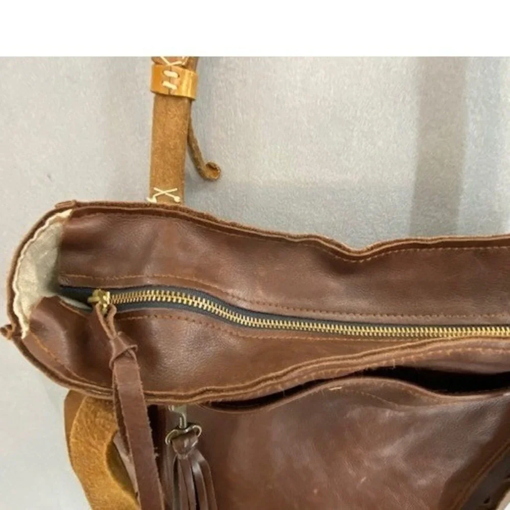 Handmade by‎ Elke Boulder CO Brown Leather Tassel Tote Bag Zippered Shopper
